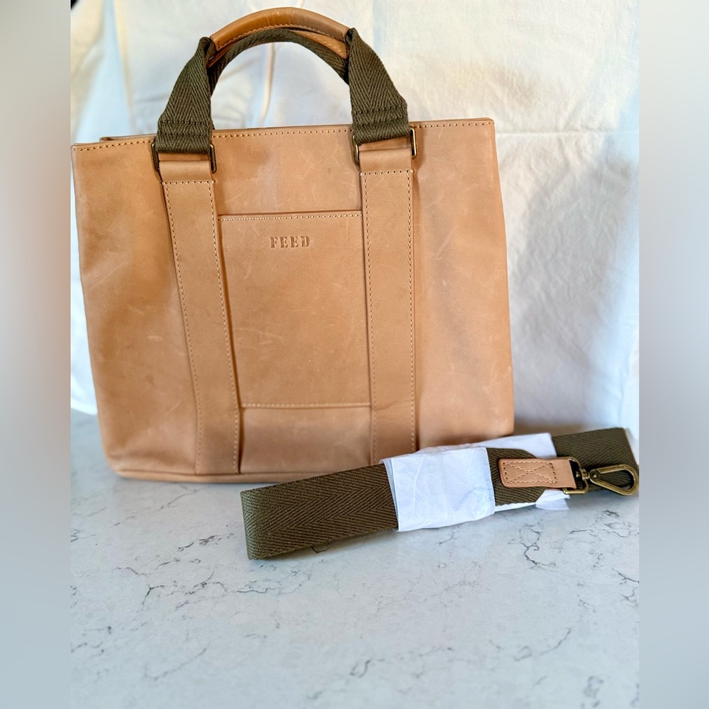 New! FEED Small Leather Tote Purse with coordinating adjustable strap